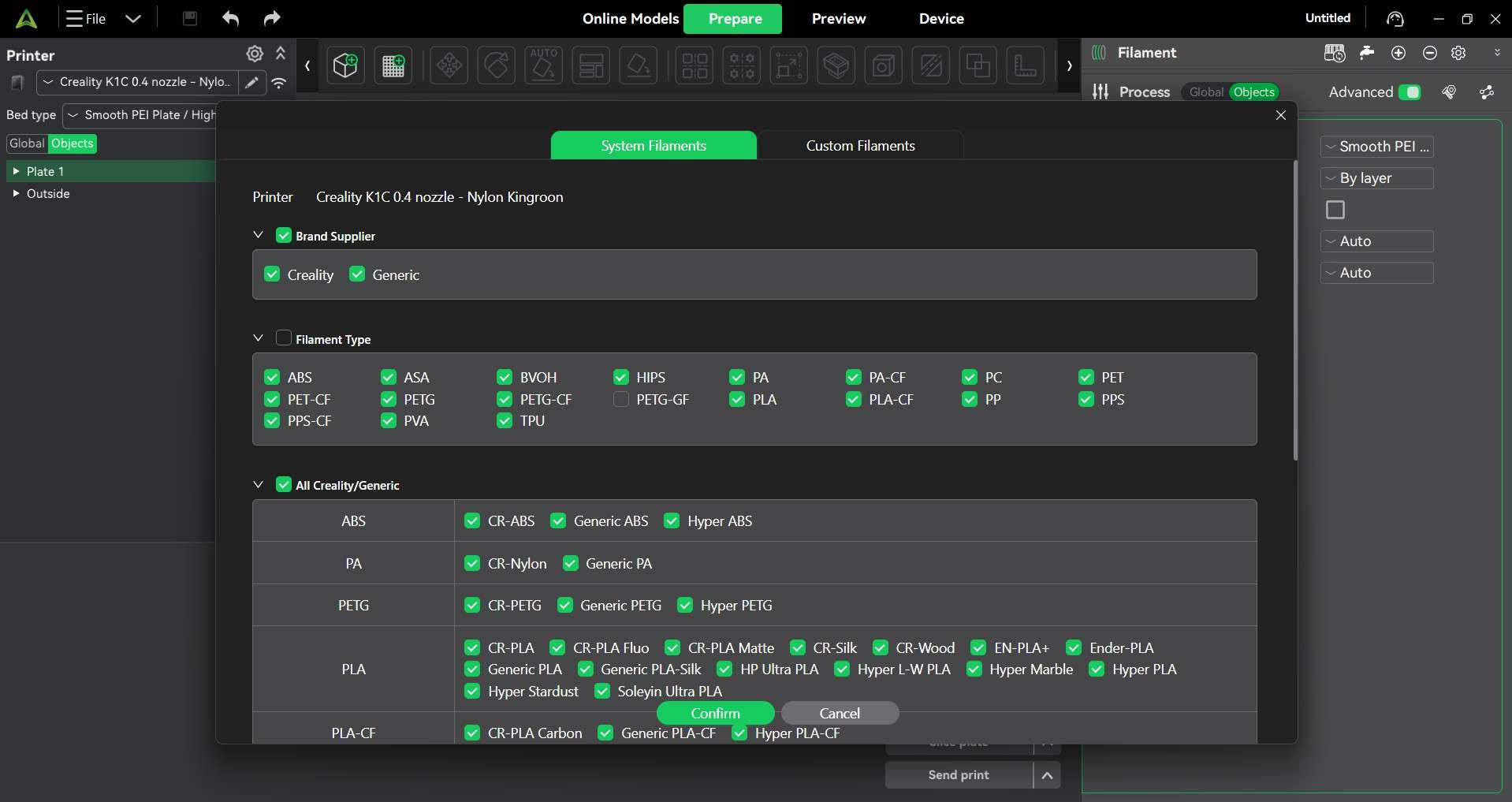 Creality Material Preset